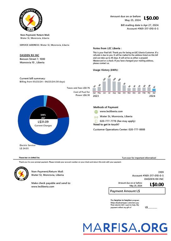 Printable Liberia Electricity Corporation business utility bill template in Word and PDF formats